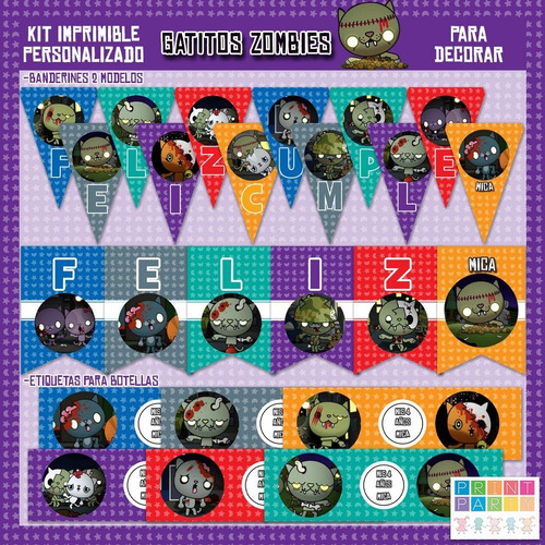 Gatitos Zombies Kit Imprimible Personalizado Con Candy Bar