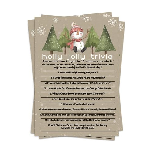 Snowman Christmas Trivia Game Cards Paquete De 25 Versi...