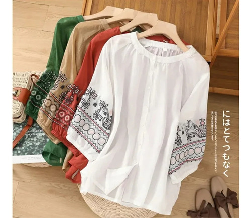 Blusa Bordada De Lino Y Algodón Con Mangas Tipo Farol De M
