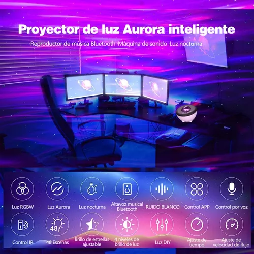  Proyector de galaxia para dormitorio, proyector aurora aurora  boreal, altavoz de música, proyector de luz de estrella, proyector de luz  nocturna de ruido blanco 8 funciona con aplicación de teléfono 