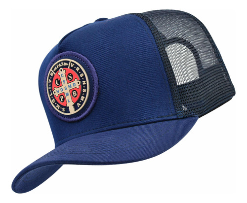 Boné Medalha Cruz De São Bento Azul Marinnho Trucker Telinha