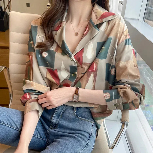Camisa Casual Con Cuello De Manga Larga Estampada Para Mujer