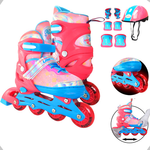 Patins Inline Infantil Com Kit Proteção Completo Com Led