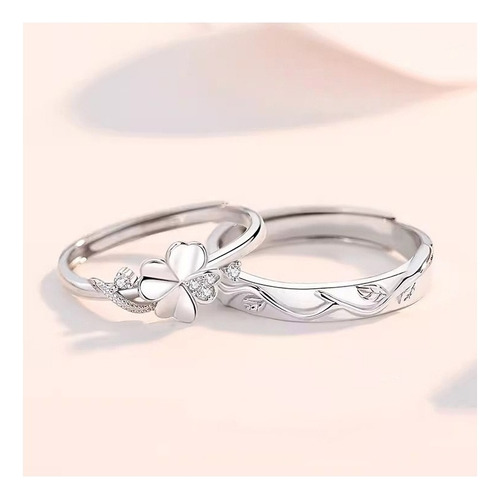 Anillos Plata S925 Ajustables Pareja Trebol Corazón Fortuna