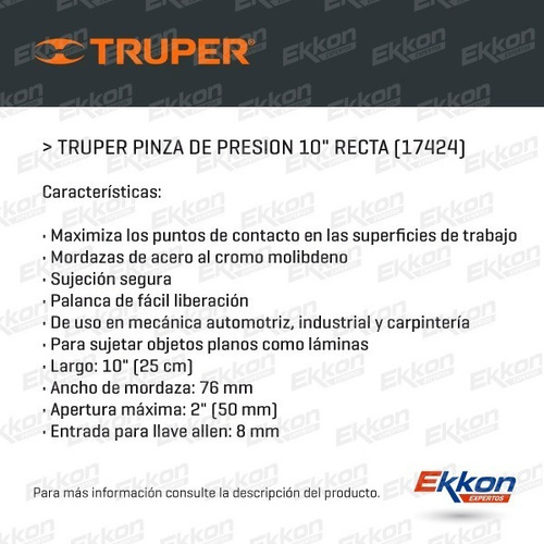 Imagen 2 de 9 de Pinza De Presión Truper 10 Pulgadas Recta 17424