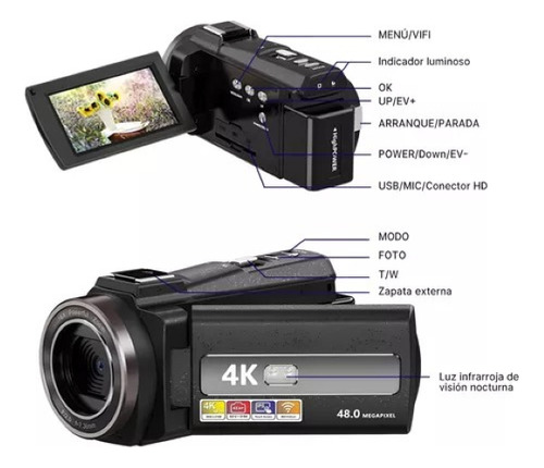 Videocámara Dv 4k 60 Fps 3.0 Pulgadas 18x Visión Nocturna Color Negro