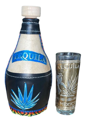 Botella Licorera Forrada 400ml Negra Con 1 Tequilero 60ml Agua