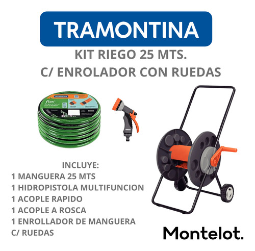 Carrete C/ Ruedas + Manguera 25 M. + Hidropistola Tramontina