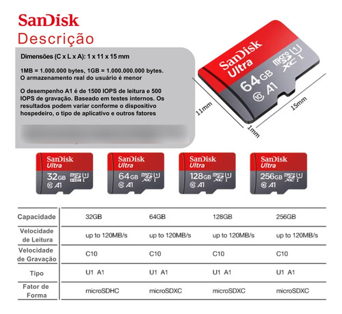 Cartão De Memória 64gb Classe 10 Para Celulares Câmeras