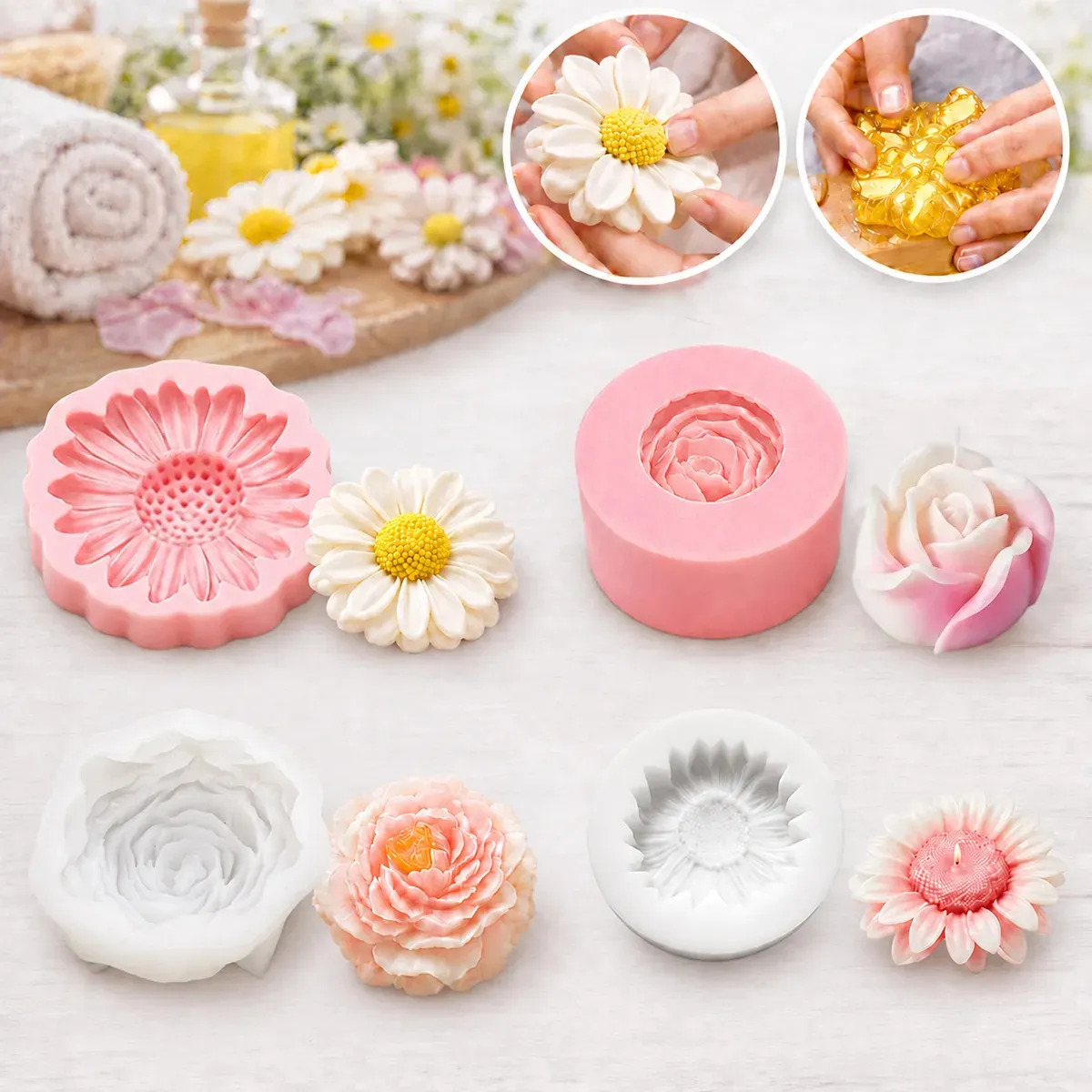 Kit Molde de Silicone de Flores 3D para Sabonete, Vela e Resina