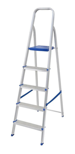 Imagen 1 de 10 de Escalera Tijera De Aluminio Plegable 5 Escalones Mor 5103 Base Antideslizante, Traba De Seguridad. Ultimo Escalon Como Plataforma Y Soporte De Aluminio Para Sujetarse