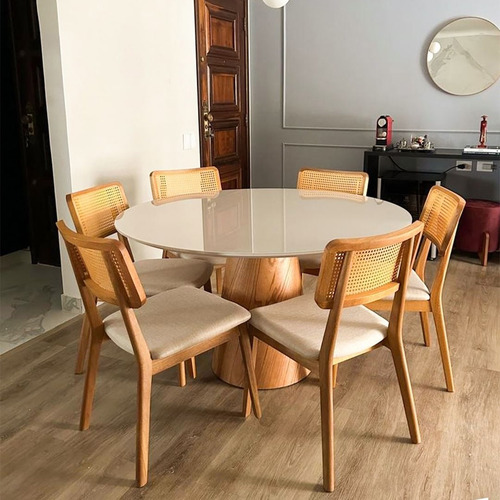 Mesa Jantar Cone Verniz Tampo Redondo Laca Com Vidro 135cm