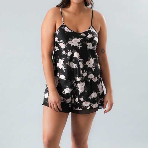 Set Top + Short Satín Gasa Print Flores Mujer 33072-2