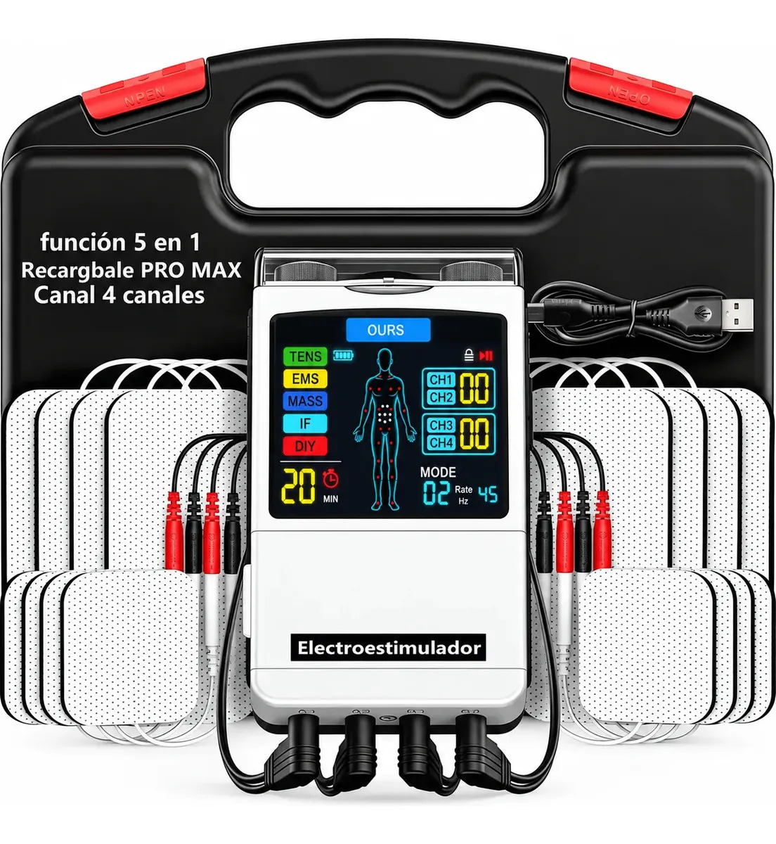 Tens/EMS Electroestimulador muscular If Russ Profesional Aprieta DIY 4 canales, 98 modos Alivio del dolor, tonificación, fisioterapia, recuperación deportiva-pantalla LCD, batería recargable, portátil