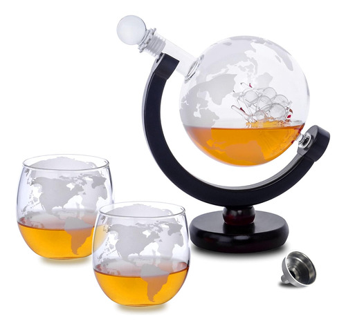 Set Decanter Globe Para Whisky Con 2 Vasos De Whisky Grabado