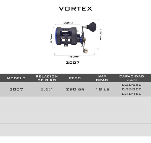 Imagen 6 de 7 de Reel Rotativo Caster Vortex 307 Manija Fuerza 7 Rulemanes