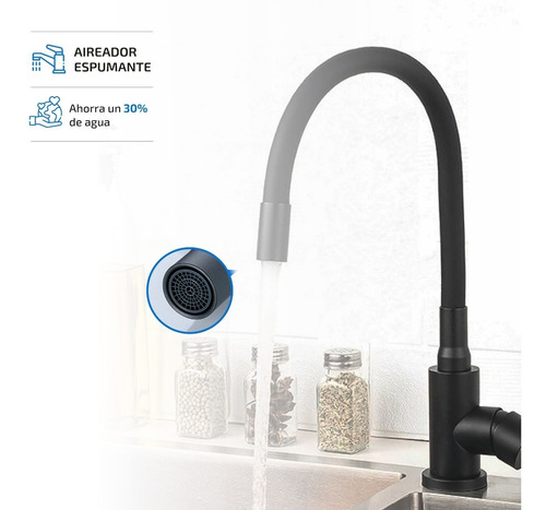 Imagen 5 de 9 de Griferia Cocina Canilla Monocomando Cuello Goma Negra Mate