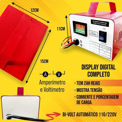 Carregador De Bateria 2ah 12v Com display LED Bivolt Moto e carro CVA2