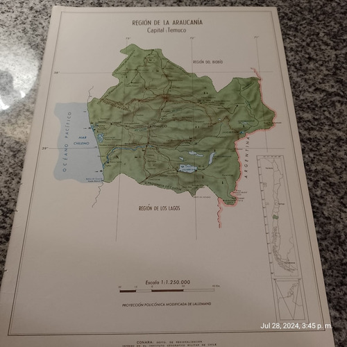 Mapa Región De La Araucanía 34x25cm. Imp. 1976 (Usado)