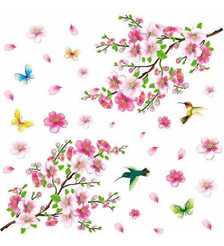 Pink Cherry Blossom Tree Con Mariposa Vinilo Arte Calco...