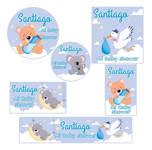 Kit 180 Stickers Baby Shower Animales Cigueña Oso Candy Bar 