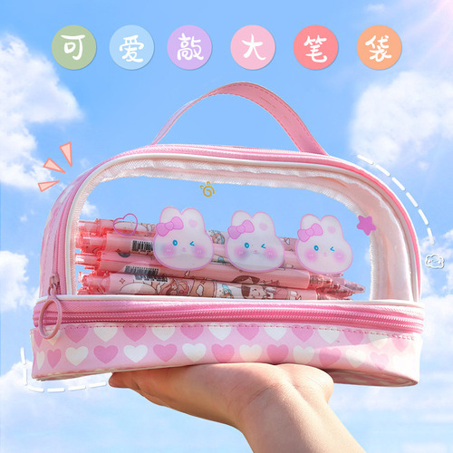 Estuche para lápices con dibujos animados, color rosa, pequeños bloques de leche, diseño de conejo