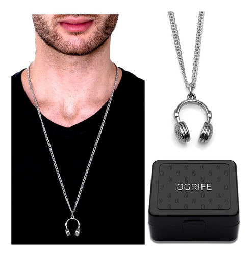 Cordão Colar Masculino Ogrife J-230 Pingente Aço Fone Dj Cor Prata