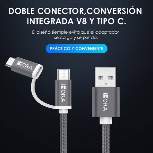 Cable V8+ Type C Carga Rapida Y Sincroniza Datos 1 Metro