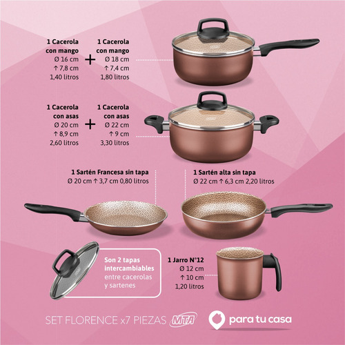 Batería Cocina Olla Cacerola Aluminio Teflón Florence 7p Mta