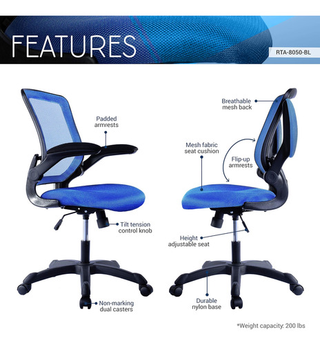 Silla De Oficina De Malla Con Brazos Abatibles. Color Azul