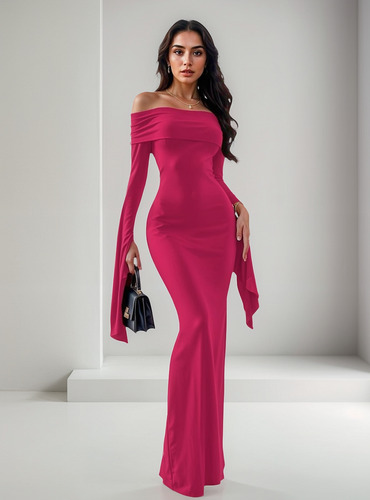 Vestido Largo Con Hombros Descubiertos Y Mangas Sueltas -177
