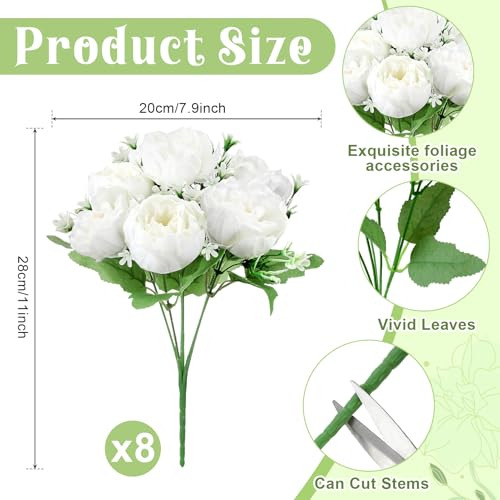 Ramo De 8 Peonías Blancas Artificiales, Flores De Seda Fals