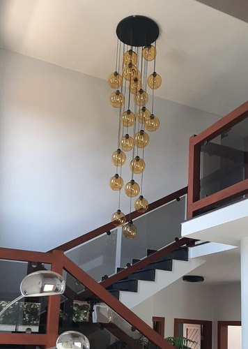 Lustre Sarvah Redondo 21 Globos Ambar Casas Pé Direito Duplo