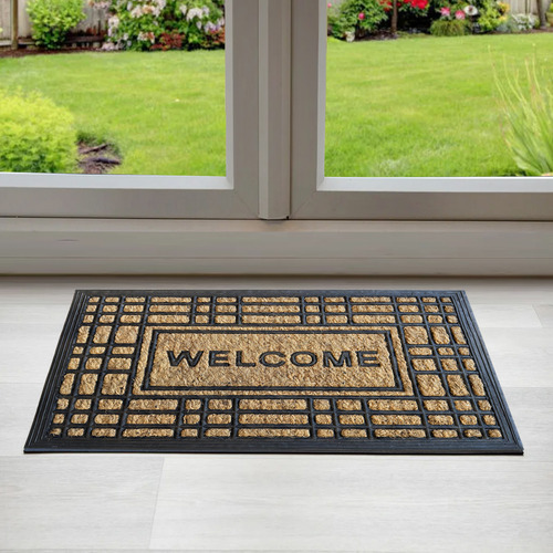 Felpudo Coco Goma 40x60 Entrada Calidad Premium Diseño 4 Ancho 40 Cm Color Negro Y Natural Diseño De La Tela Welcome Moderno Largo 60 Cm