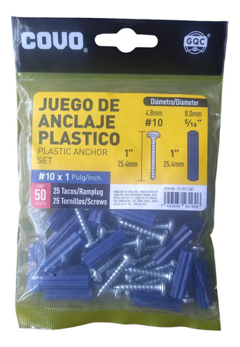 Ramplug Tarugo Azul Plástico Con Tornillos 50 Pzas 