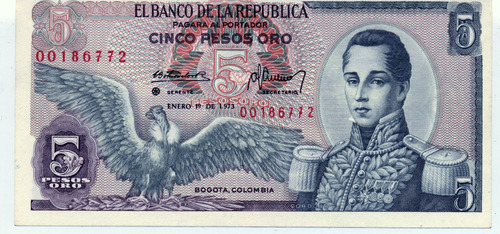 Colombia 5 Pesos 1 De Enero 1973 Reposicion