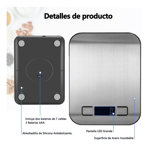 Báscula Digital De Cocina Acero Inoxidable 5 Kg Pantalla Lcd