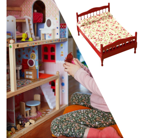 1:12 Casa De Bonecas Modelo De Cama De Casal, Cama Vermelho