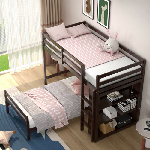 Base Cama Tipo Litera Con Estantes Gpl Marron Oscuro
