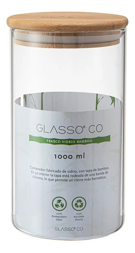 Frasco Contenedor Hermetico Eco Glasso Tapa Bamboo 1000ml