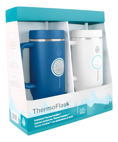 Thermoflask Termo Vaso Botell 1.2l Con Asa Y Tapa De Popote Azul