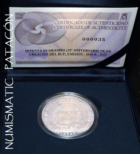 Moneda Plata 925 Paraguay 70º Aniv Banco Central 2022 Proof