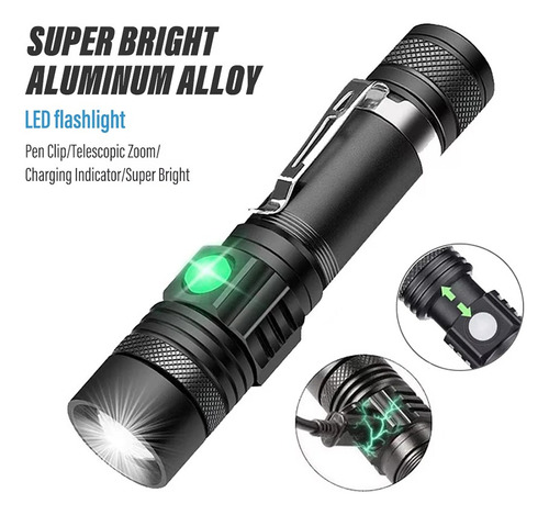 Mini Lanterna Led, Carregamento Usb, Zoom Telescópico, Luz D