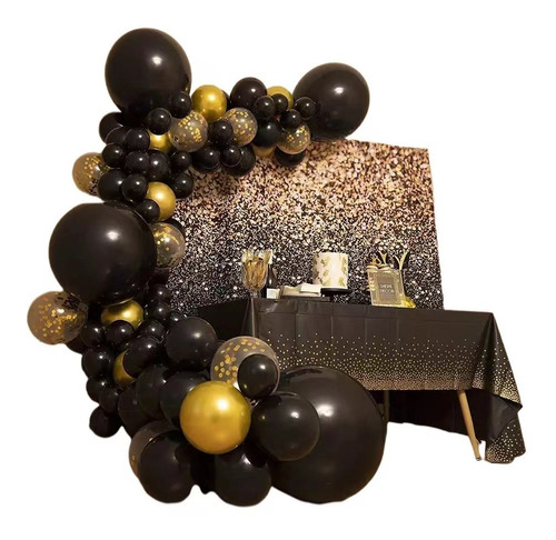 Kit De Globos Para Decoracion Negro Dorado Confeti  115 Pzs