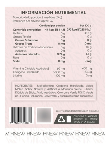 Doz Colágeno Hidrolizado Con Resveratrol Lisina Y Vitamina C Manzana Verde