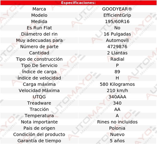 Set 2 Llantas Efficientgrip Goodyear 195/60r16 89h