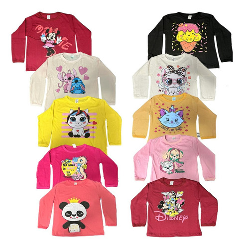 Blusa Feminina Infantil Manga Comprida Kit 3 Peças