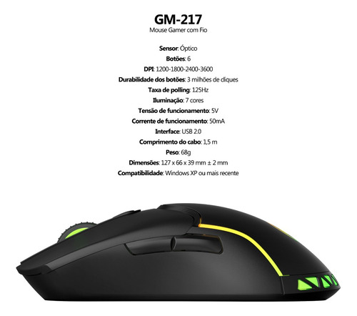 Mouse para jogos retroiluminado Xtrike Me Gm217 com cabo USB 2.0 para PC, notebook de 3600 Dpi - preto
