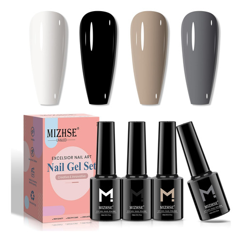 Mizhse Juego De Esmaltes De Unas De Gel, Negro, Blanco, Gris