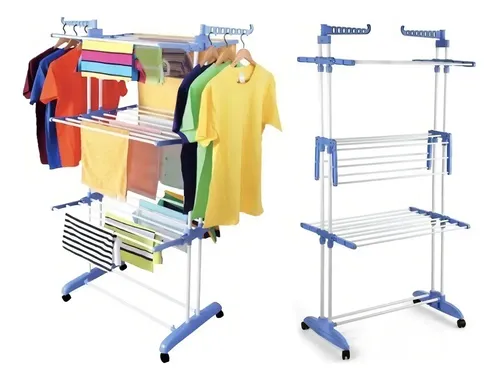 Varal de Chão Epsilon Grande Dobrável Com 4 Rodas Para Roupas, Azul